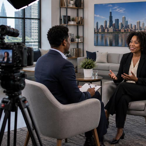 Interviewer and guest speak in a cozy office set with a camera on a tripod filming them; cityscape art on the wall.